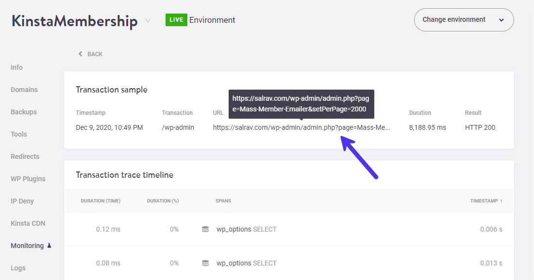 Detalles de la muestra de la transacción con el URL exacto