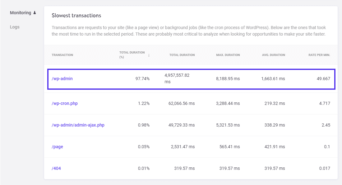 A tabela de transações mais lentas em Kinsta APM