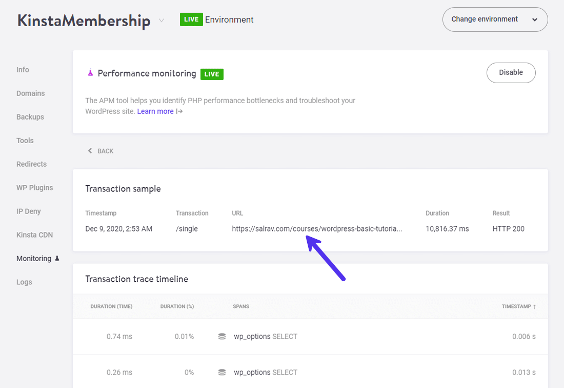 Transaction details of the 95th percentile sample