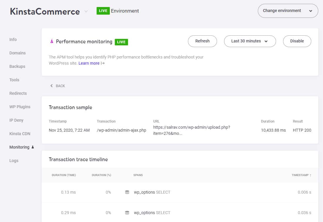 The slowest transaction sample for admin-ajax.php