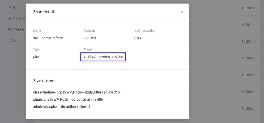 Examining the slowest span’s details in Kinsta APM