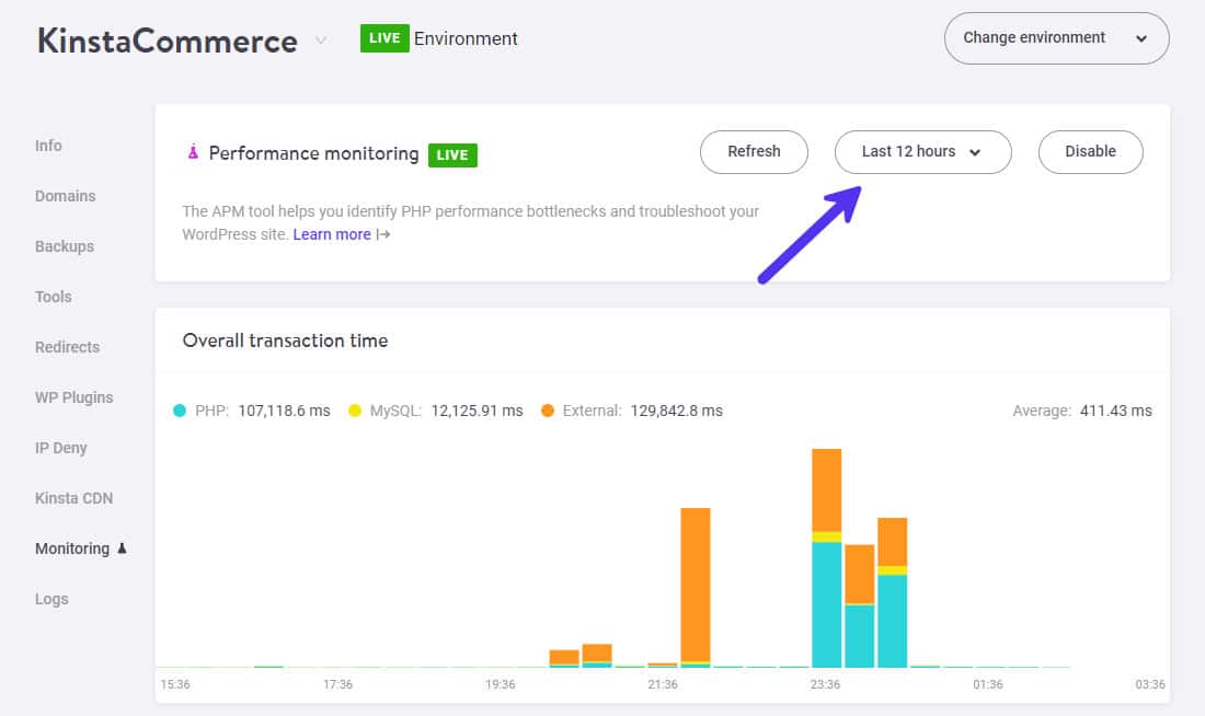 Cambiar la duración total utilizada por Kinsta APM