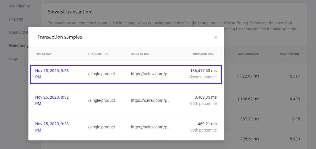 Transaction samples for the individual product page requests