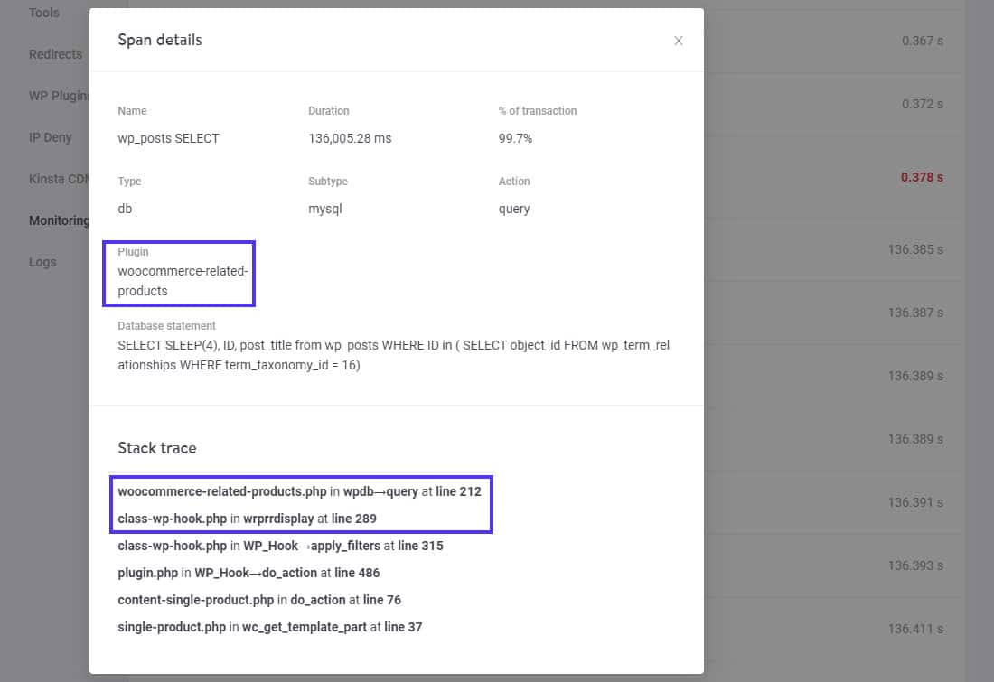 ‘Span details’ and ‘Stack trace’ of the slow database query