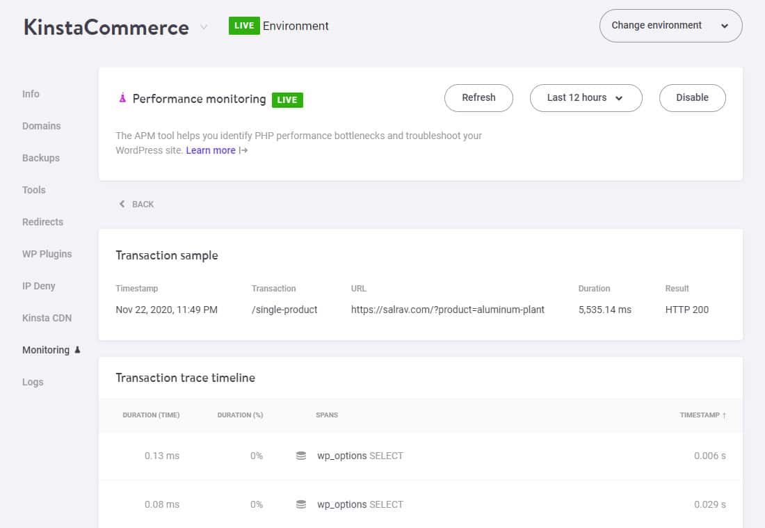 Detalhes da amostra de transação em Kinsta APM