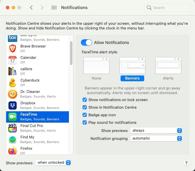 Configurações de notificação em macOS