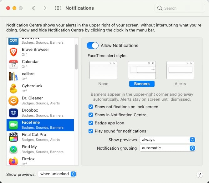 Paramètres de notification dans macOS