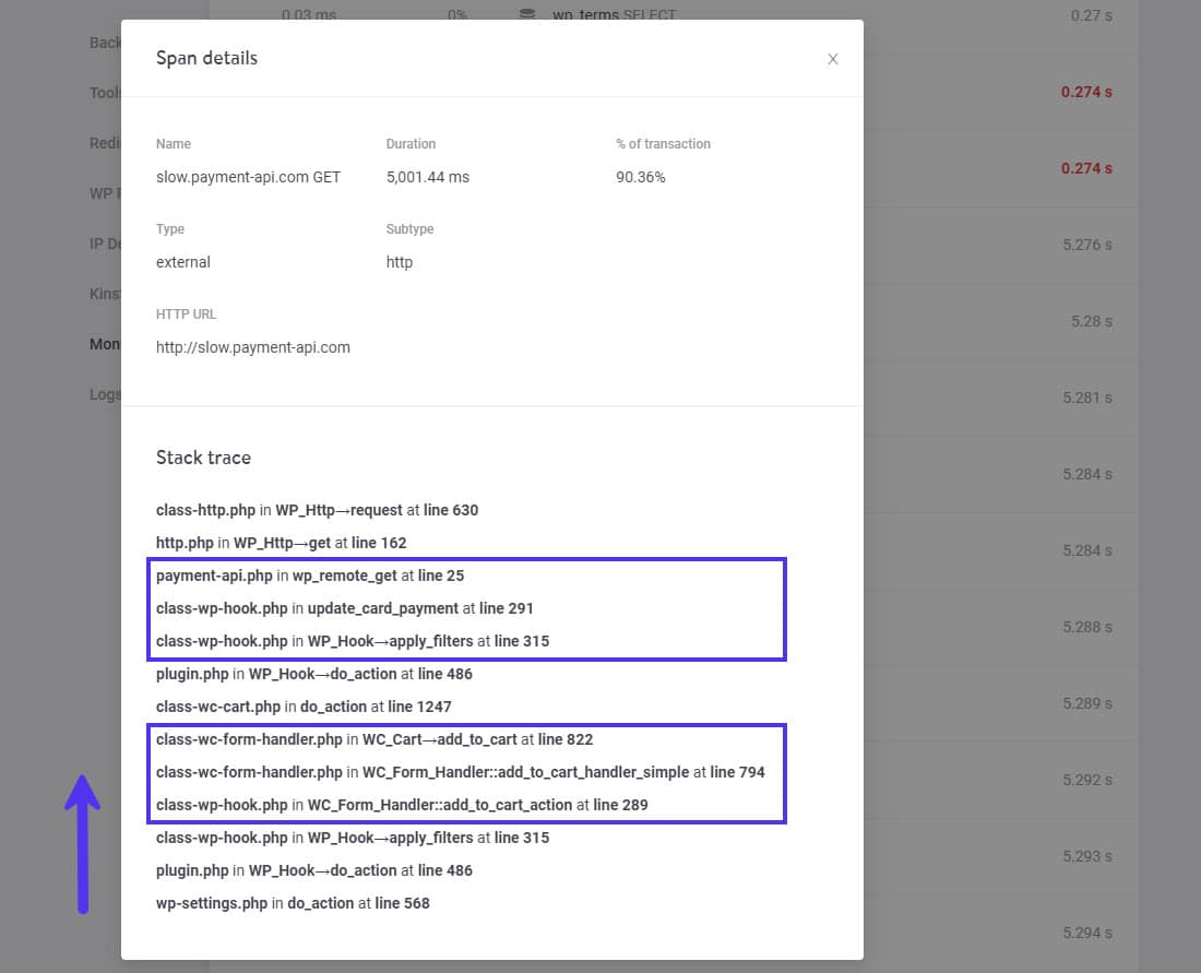 "Detalles de la extensión" y "Rastreo de la pila" en Kinsta APM