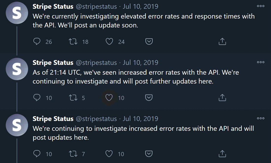 Stripe API down tweets from the Stripe Status account