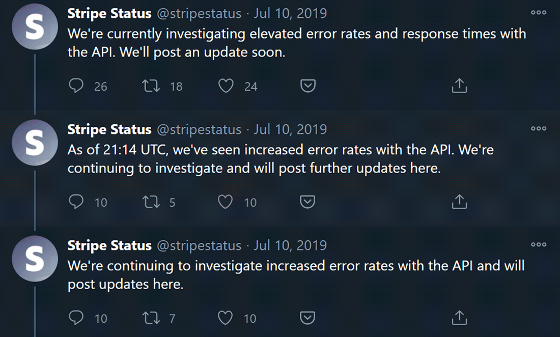 Un Tweet di Stripe Stratus che segnala un down dell'API