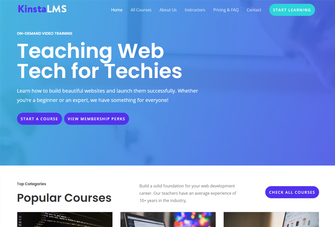 Screenshot of the demo Kinsta LMS membership site used for this article