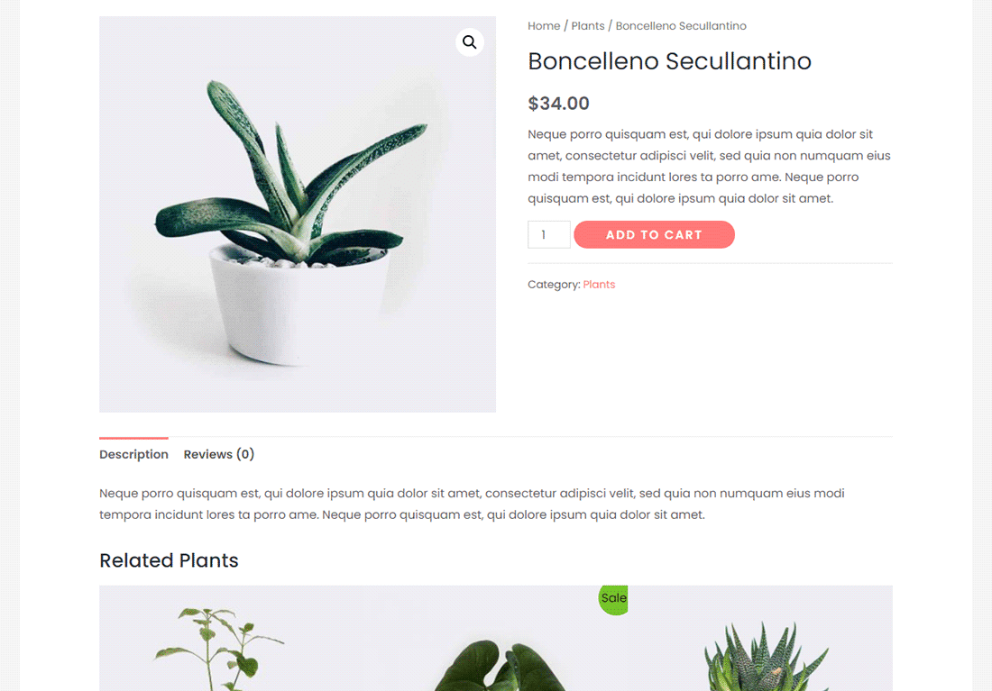 Uma das páginas de produtos no site de teste do WooCommerce