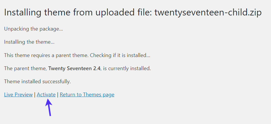Activating the child theme
