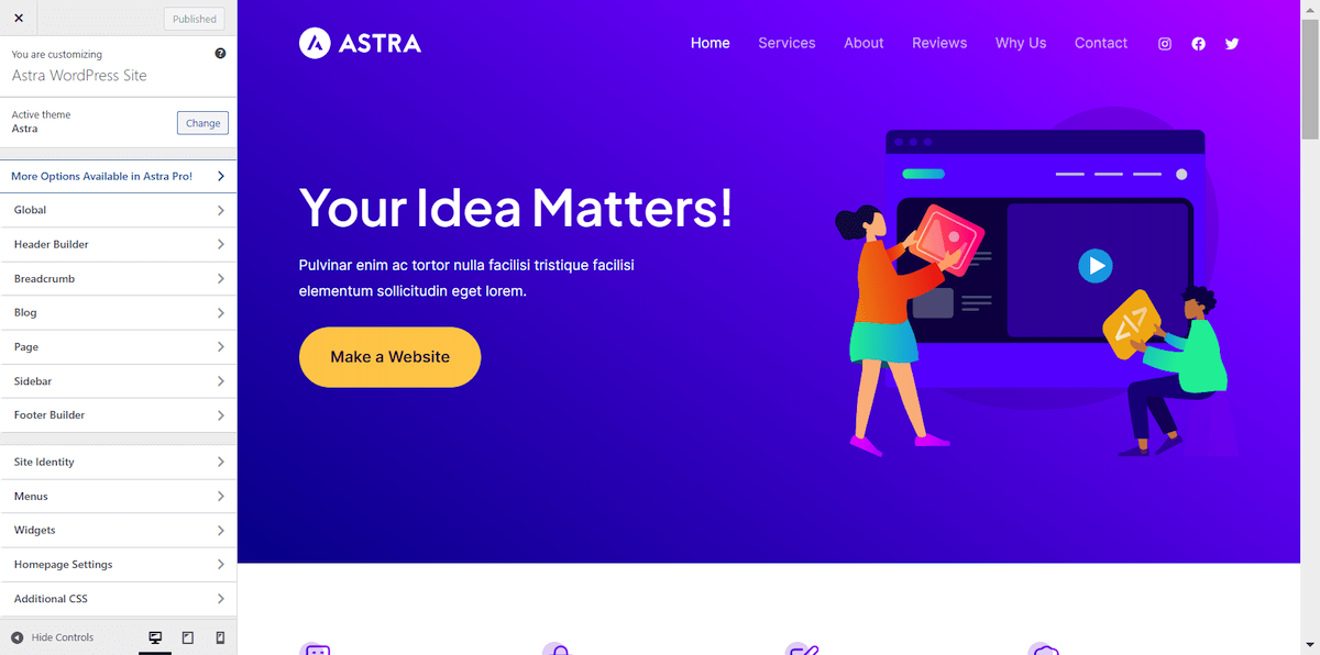 Customizer options inside Astra