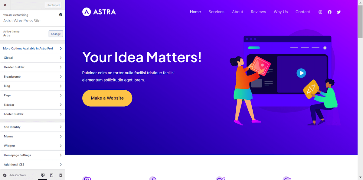 Las opciones del Personalizador de Astra