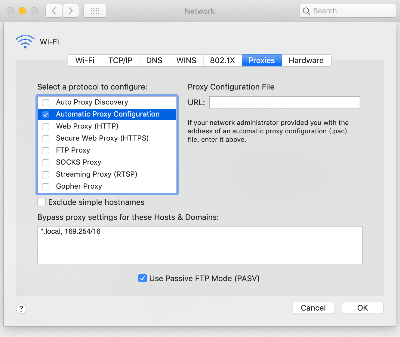 Ativação da configuração automática de Proxy para MacOS