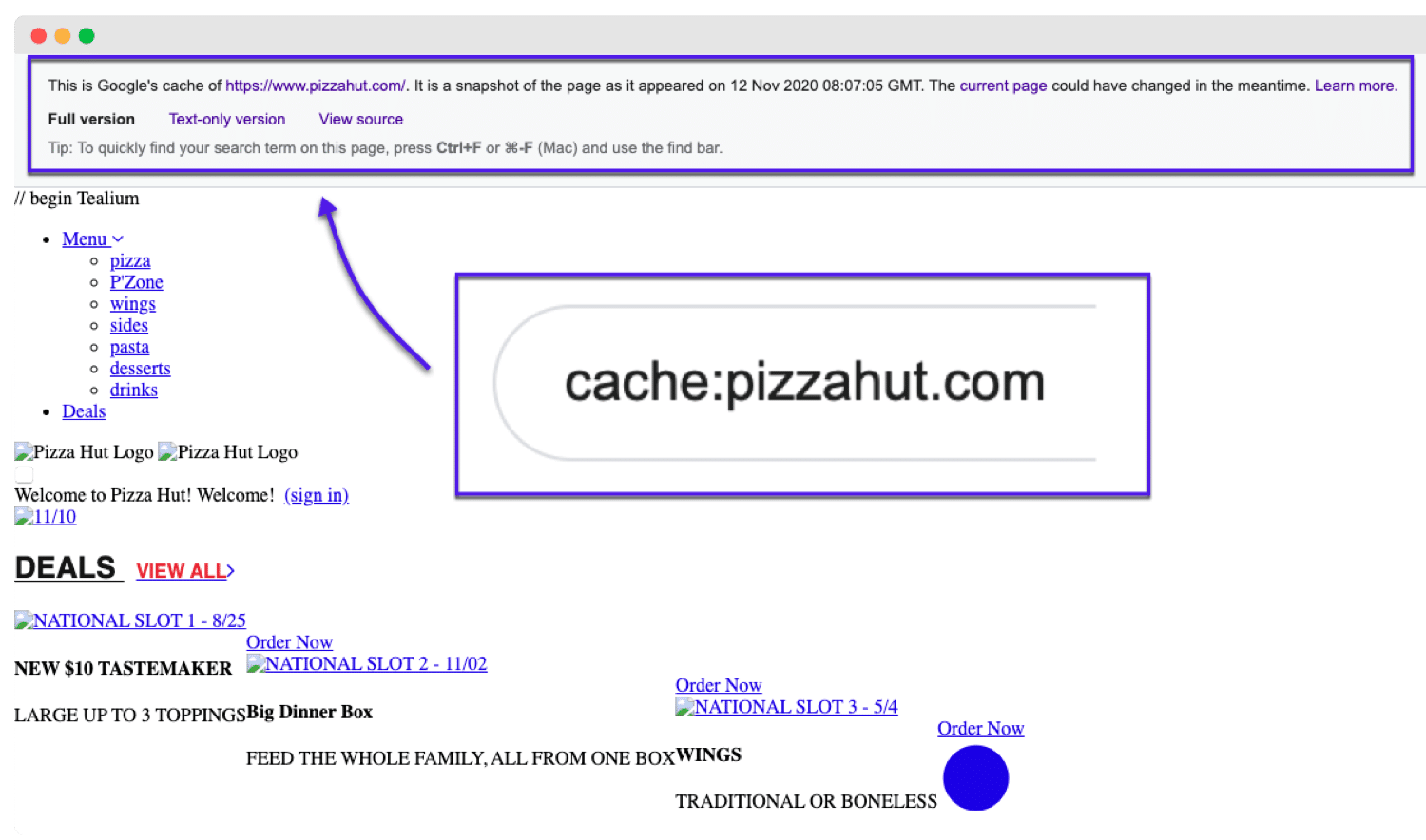 Quickly view the cached version of a webpage