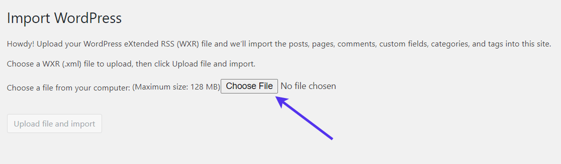 Elija un archivo de importación en WordPress.