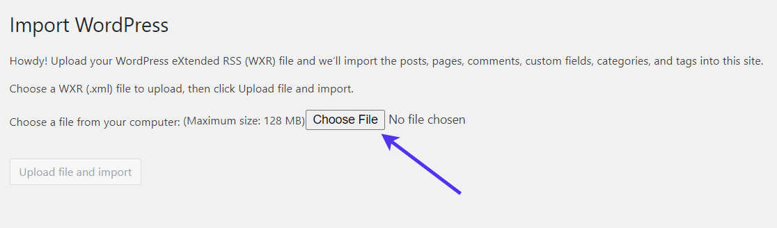 Wähle eine Importdatei in WordPress.