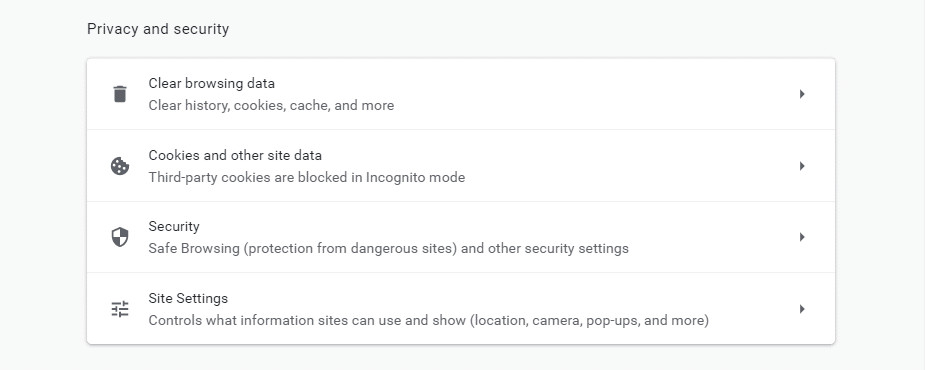 Menu de configurações de privacidade do Chrome