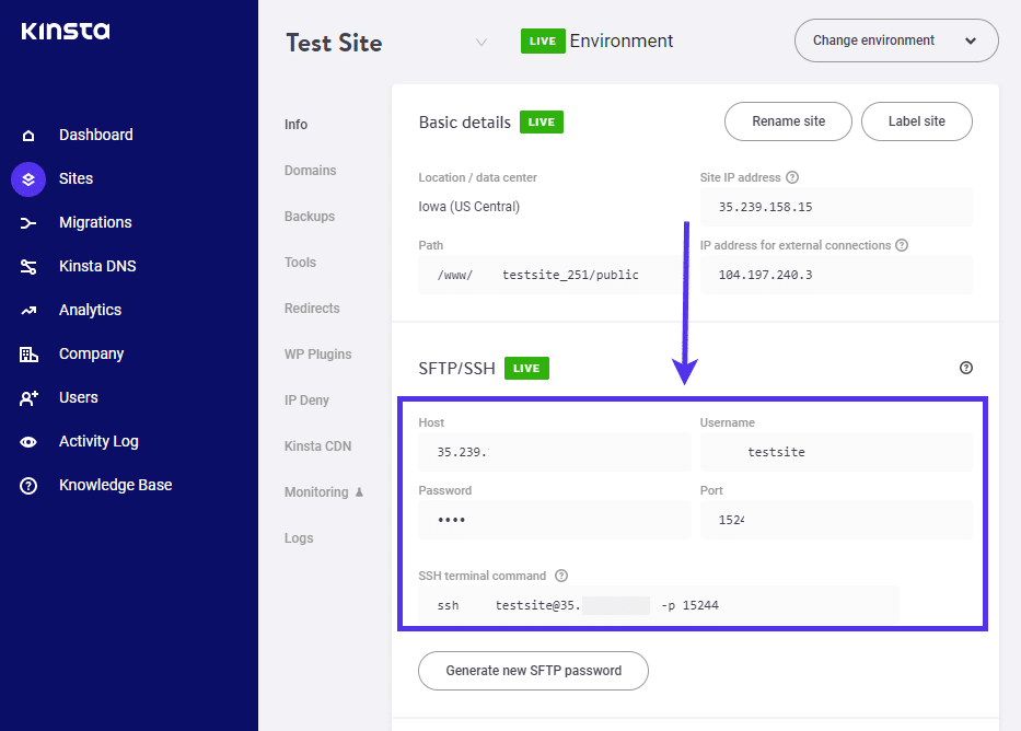 SFTP/SSH credentials are available in MyKinsta.