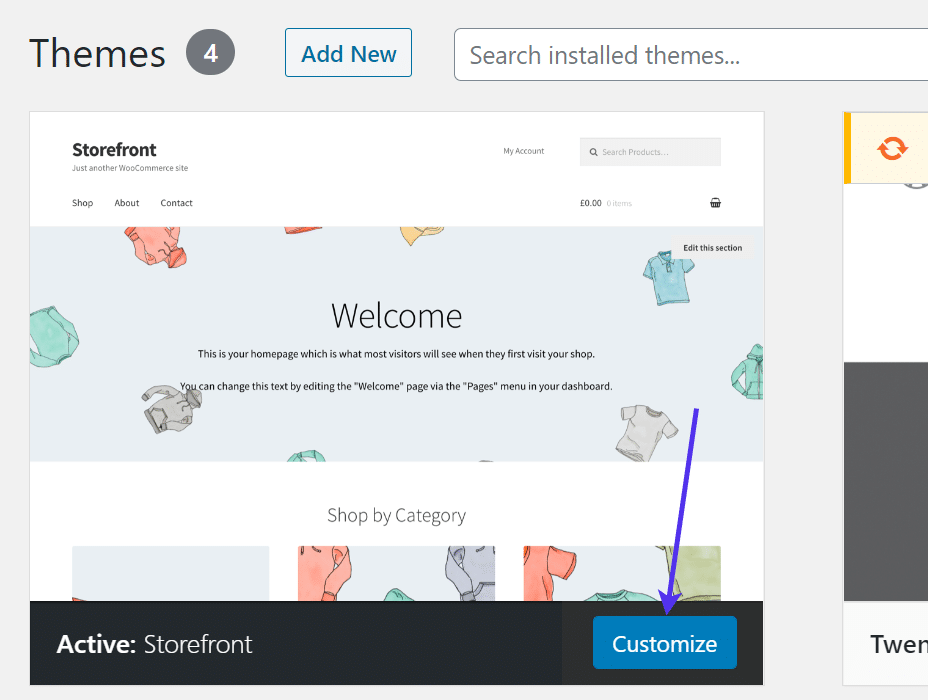 Schermata iniziale del tema Storefront in WordPress con il pulsante Customize.