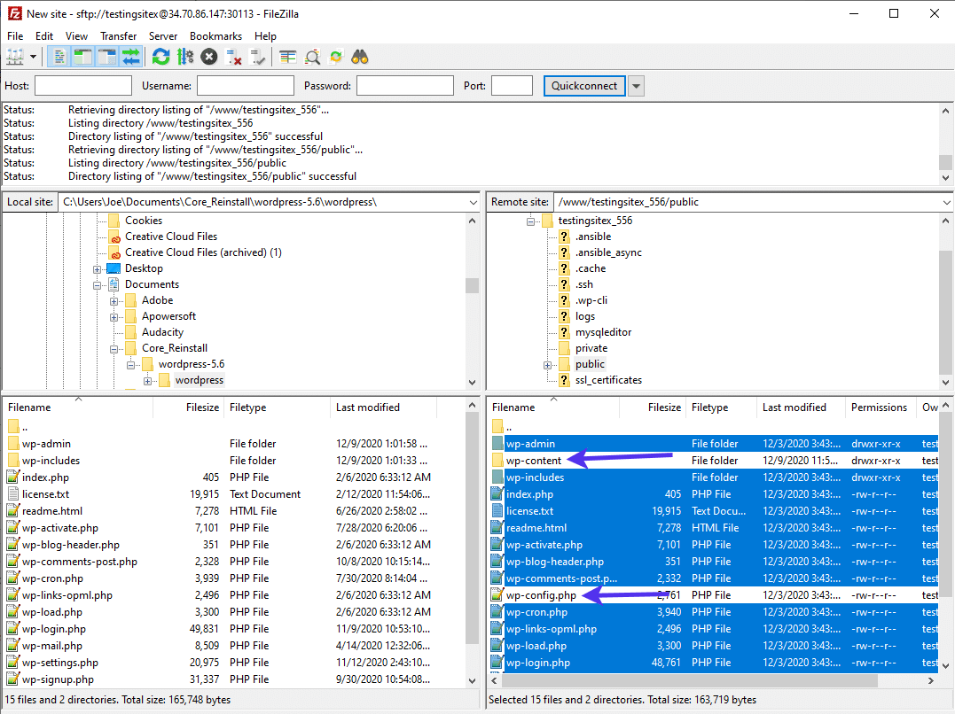 Behalte den Ordner wp-content und die Datei wp-config.php.