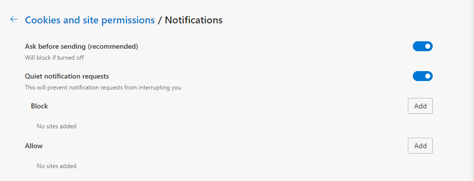 Desabilitando notificações push em Edge