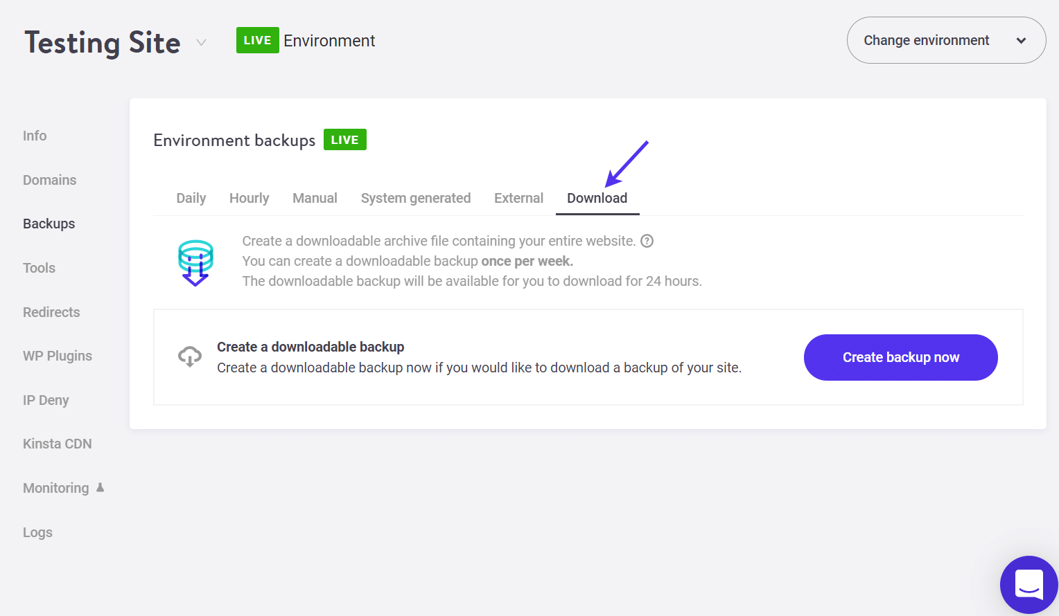 Kinsta supporta i backup scaricabili.