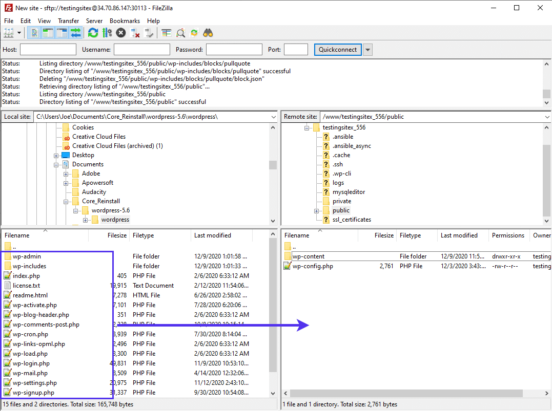 Trasferimento dei nuovi file del core WordPress sul vostro server.