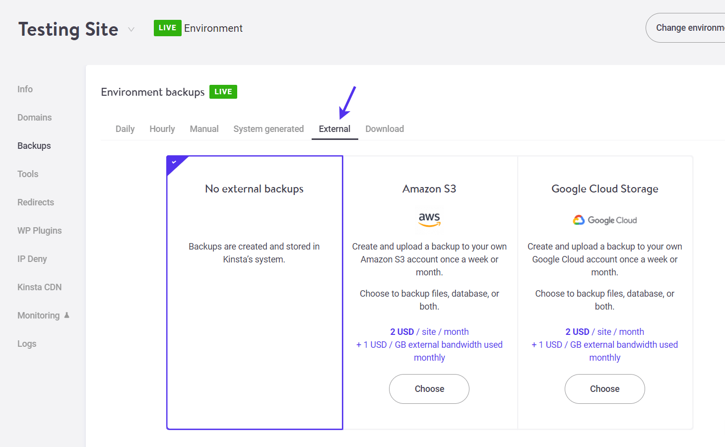 Kinsta supporta i backup esterni su S3 e Google Cloud Storage.