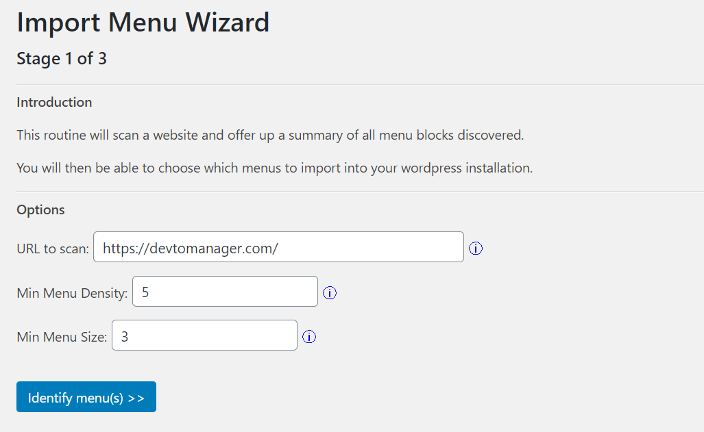 Das 'Import Menü Wizard' Panel