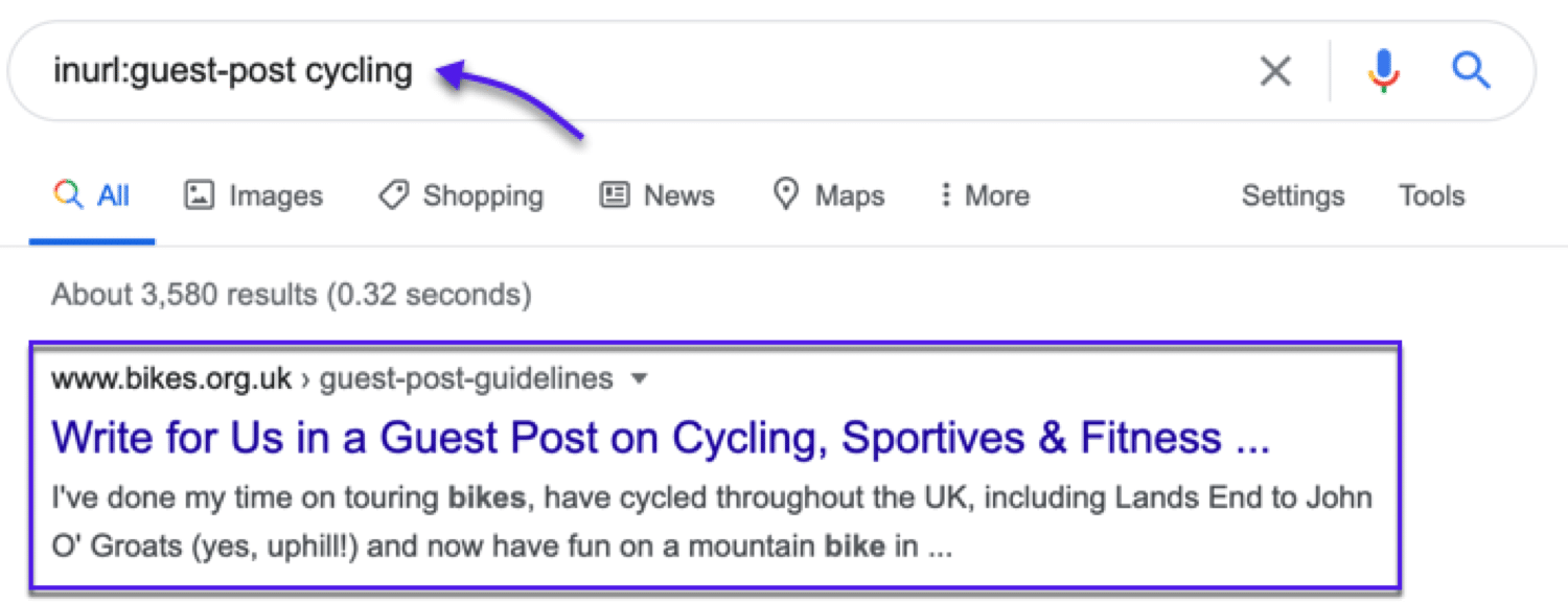 Find potential sites to publish guest posts on (in this examples, sites related to cycling)