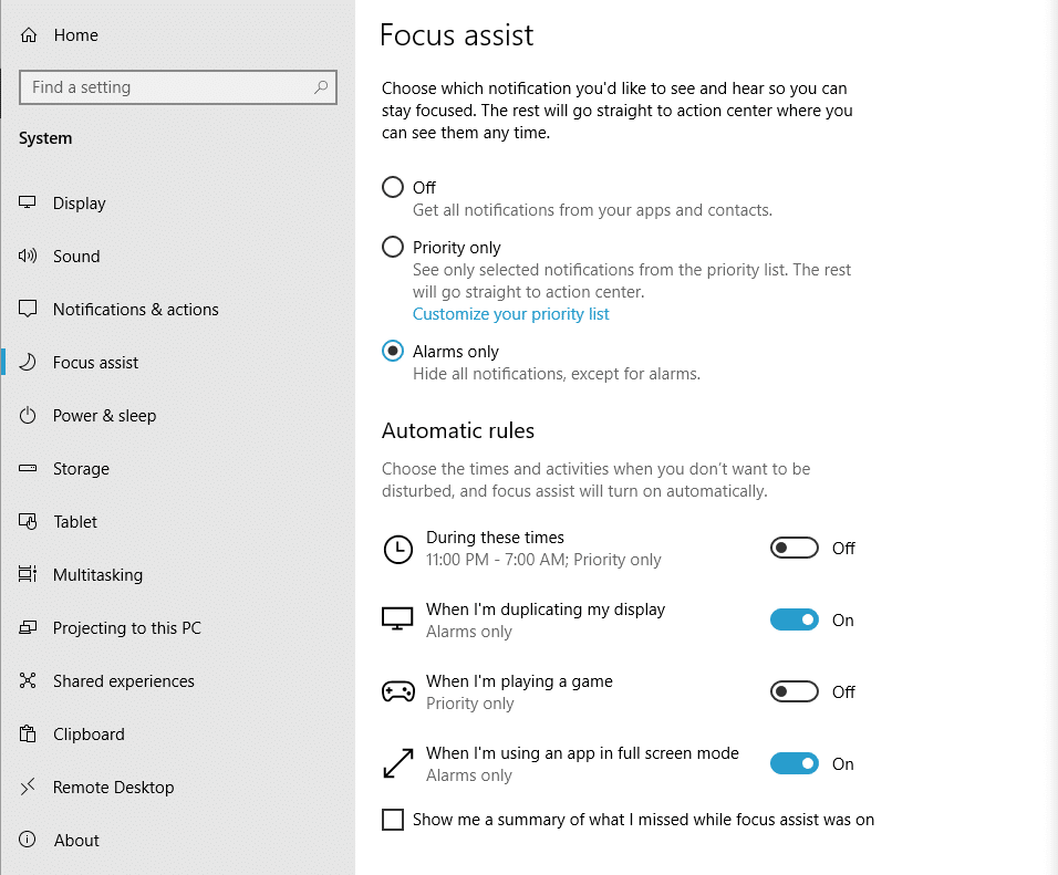 Les réglages de l'assistance de Windows Focus