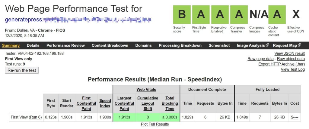 Performance of the GeneratePress theme on a fresh install - GeneratePress vs Astra comparison