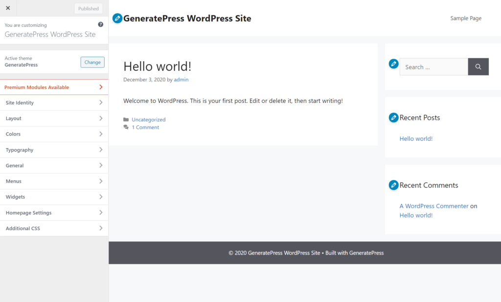 As opções do GeneratePress Customizer