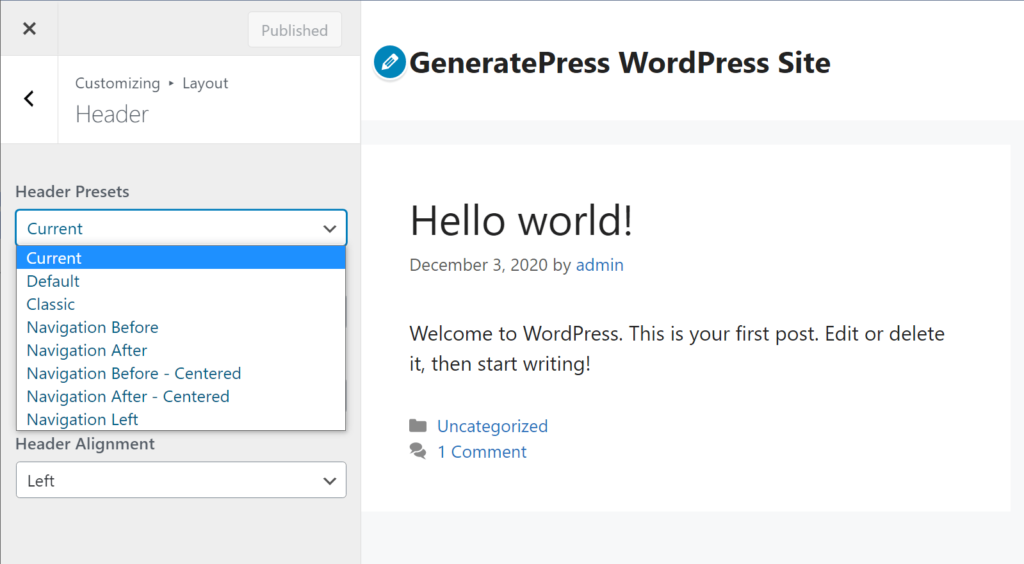 Impostazioni dell’header in GeneratePress - Confronto GeneratePress vs Astra