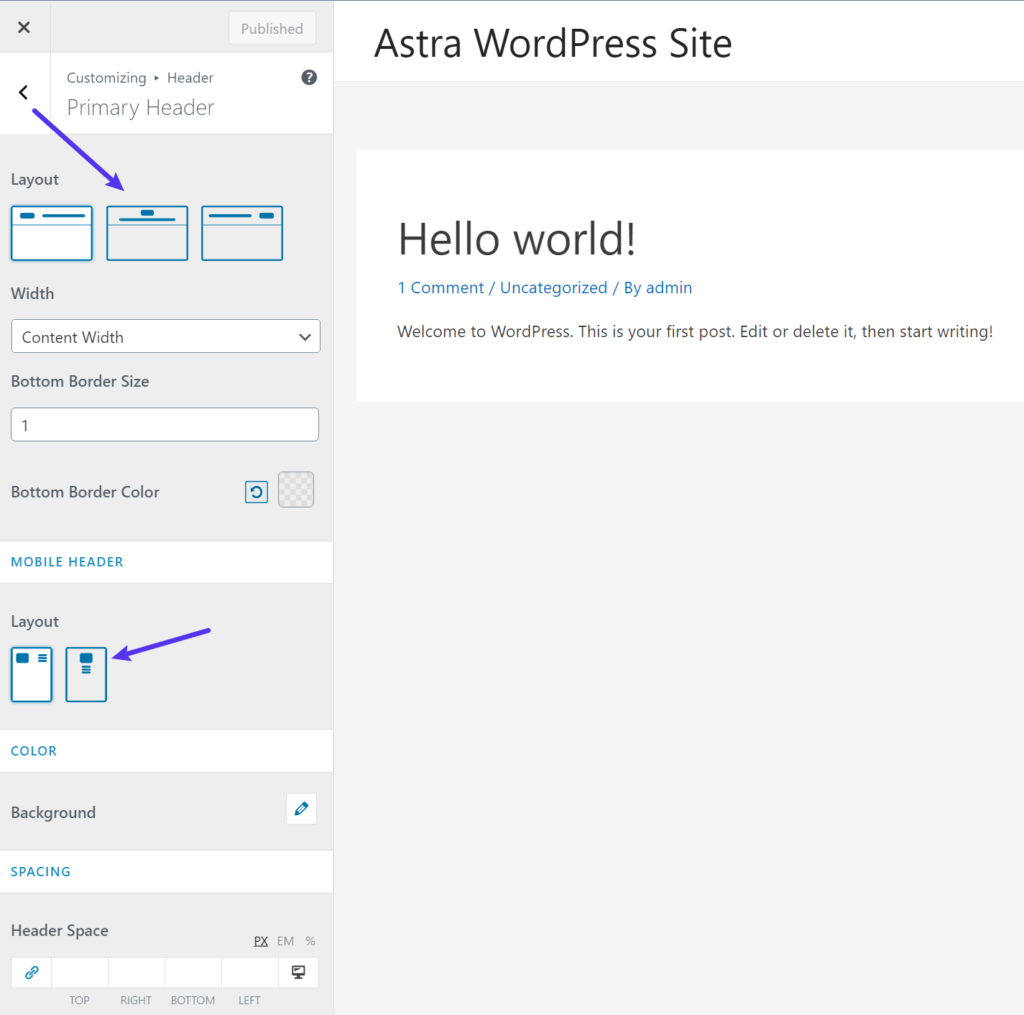 Der Astra Theme Customizer Optionen - GeneratePress vs Astra comparison