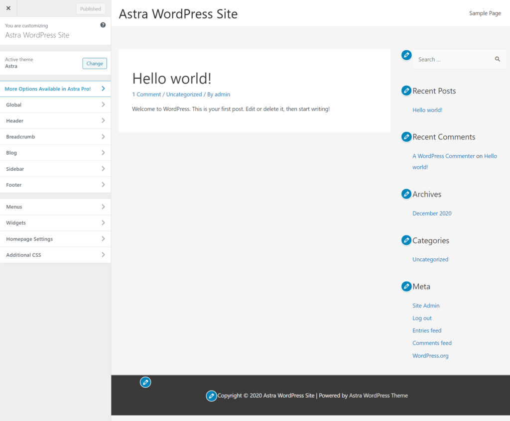 Die Astra Customizer Optionen - GeneratePress vs Astra comparison