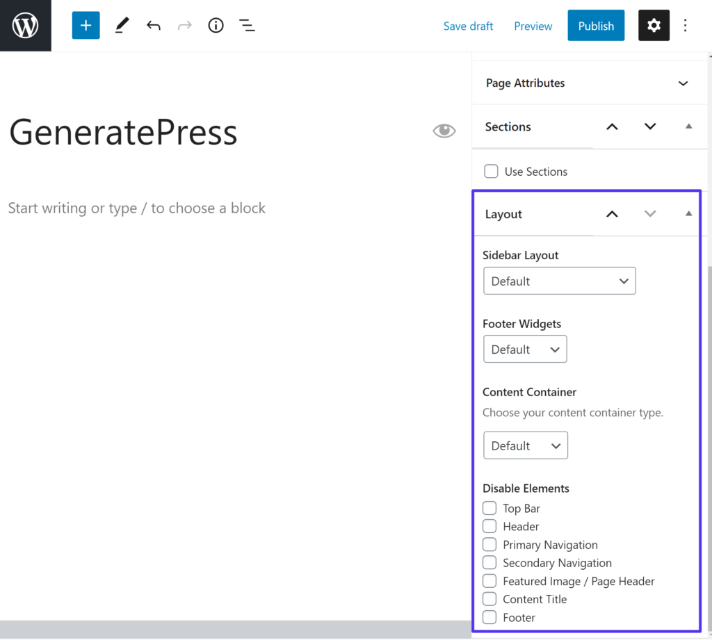 The GeneratePress page-level controls