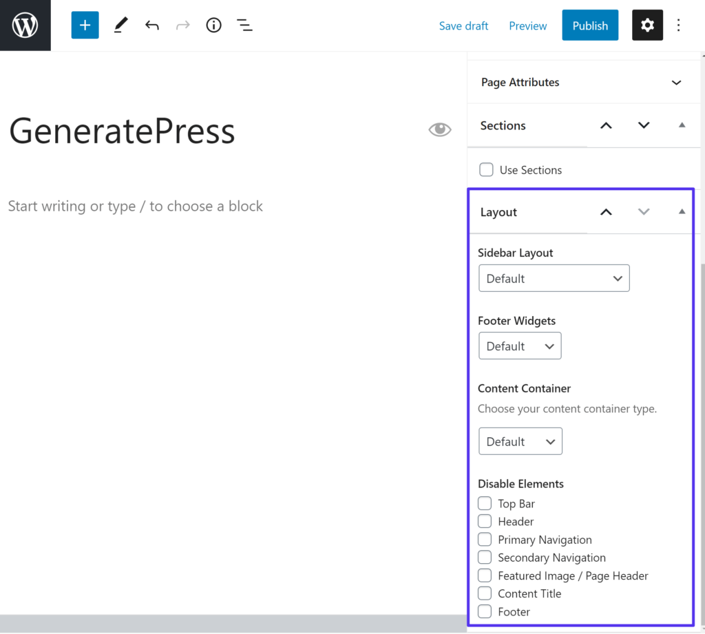 Die GeneratePress Steuerelemente auf Seiten-Ebene