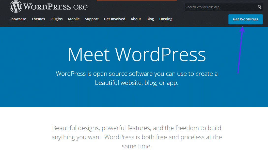 Pagina di WordPress.org da cui scaricare WordPress facendo clic sul pulsante "Get WordPress"