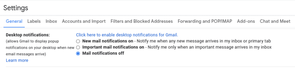 Desativação de notificações no Gmail