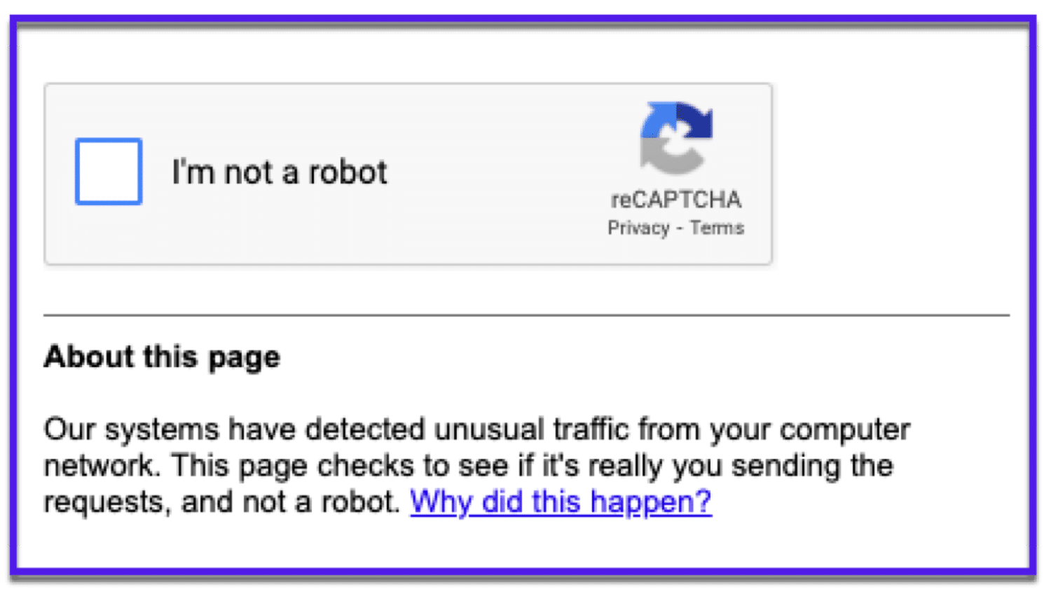 Je zal waarschijnlijk deze Google reCAPTCHA tegen gaan komen wanneer je te veel operators in je zoekopdrachten gebruikt.