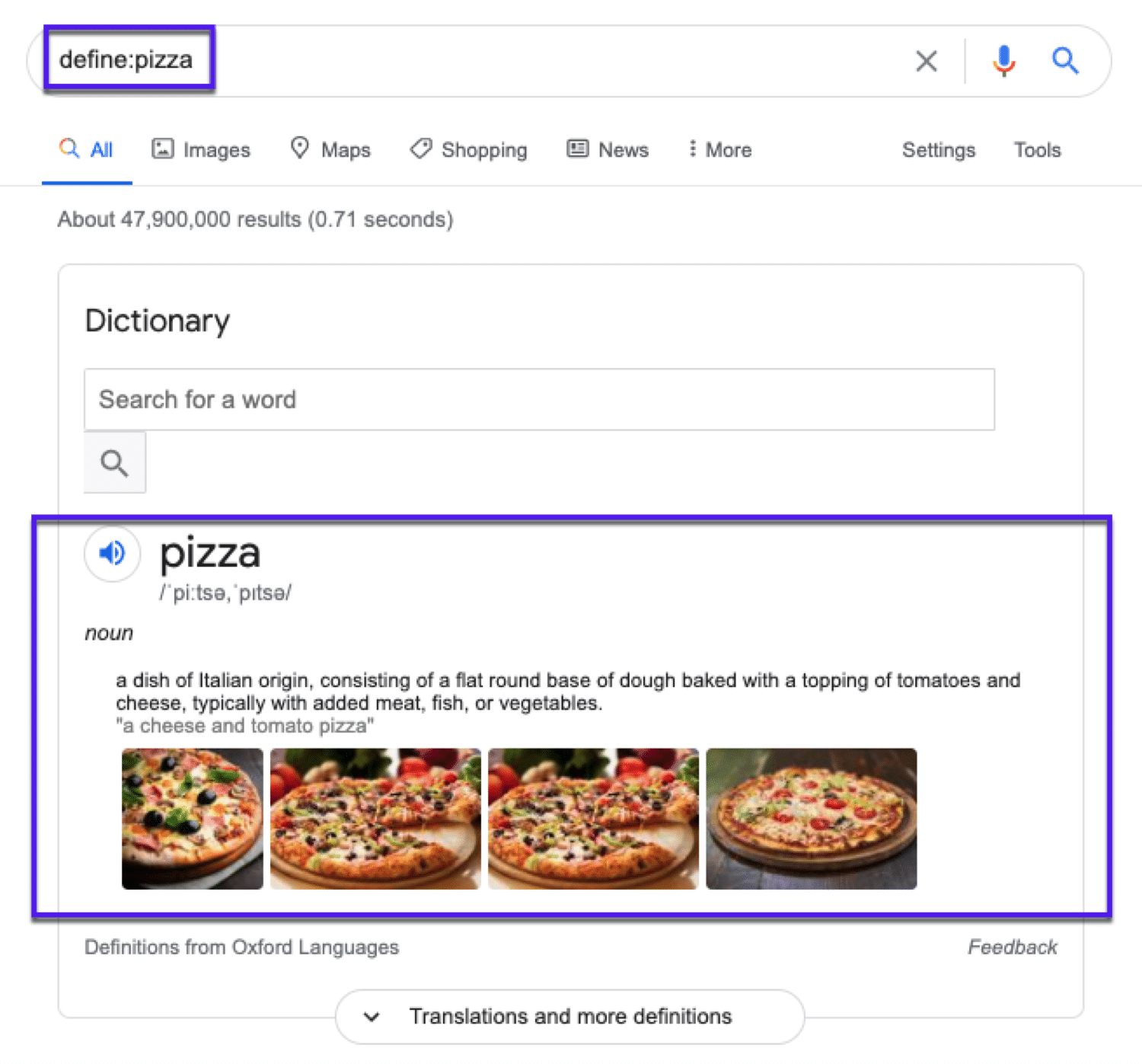 Un esempio della funzione di definizione con Google Search Operators