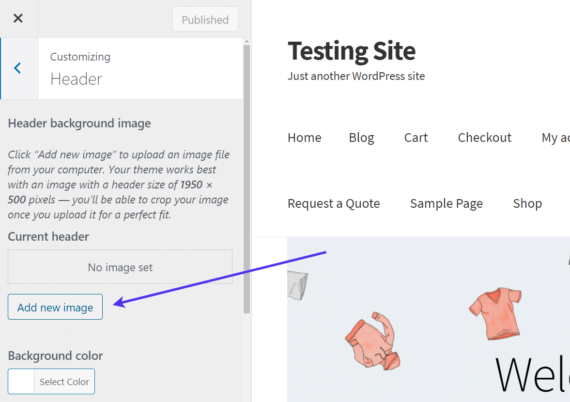 Il pulsante Add new image per aggiungere un'immagine nell’header a WordPress.