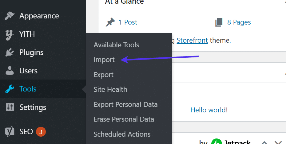 L'outil d'importation dans WordPress.