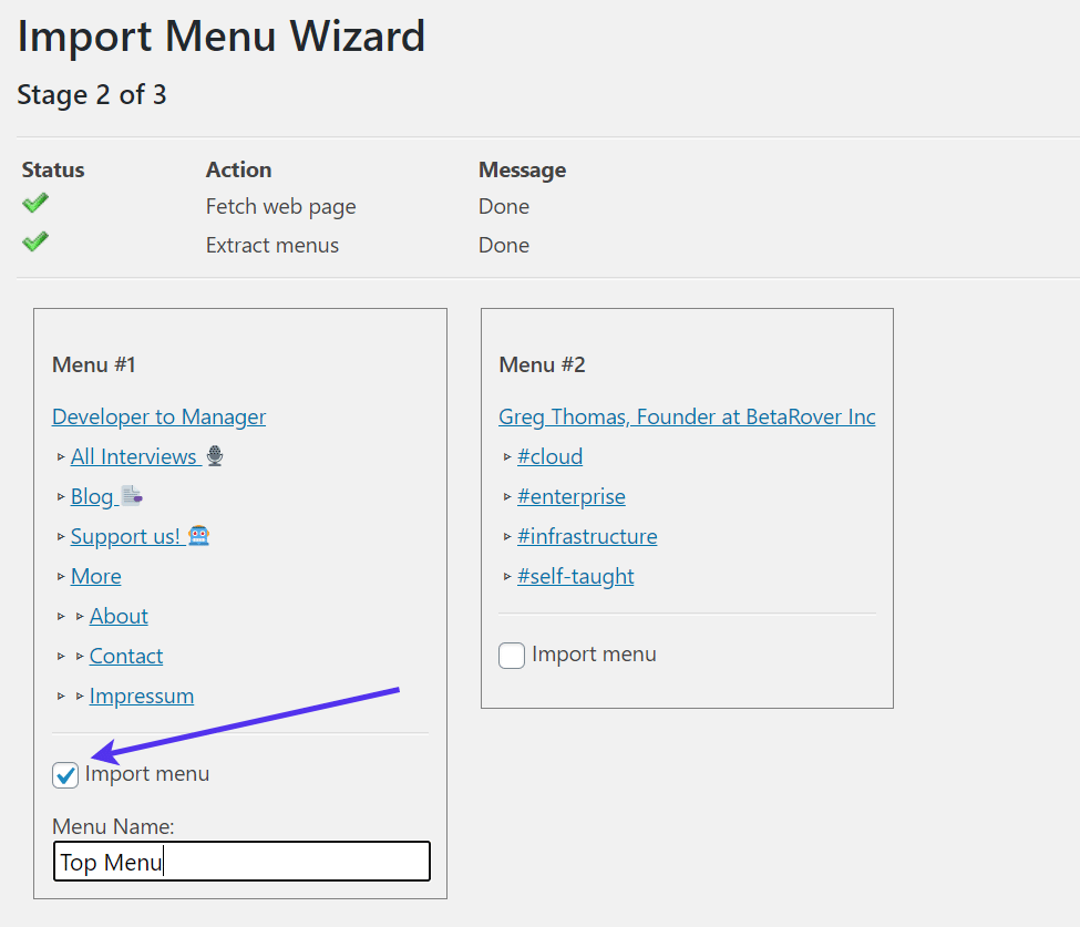 Importing a menu