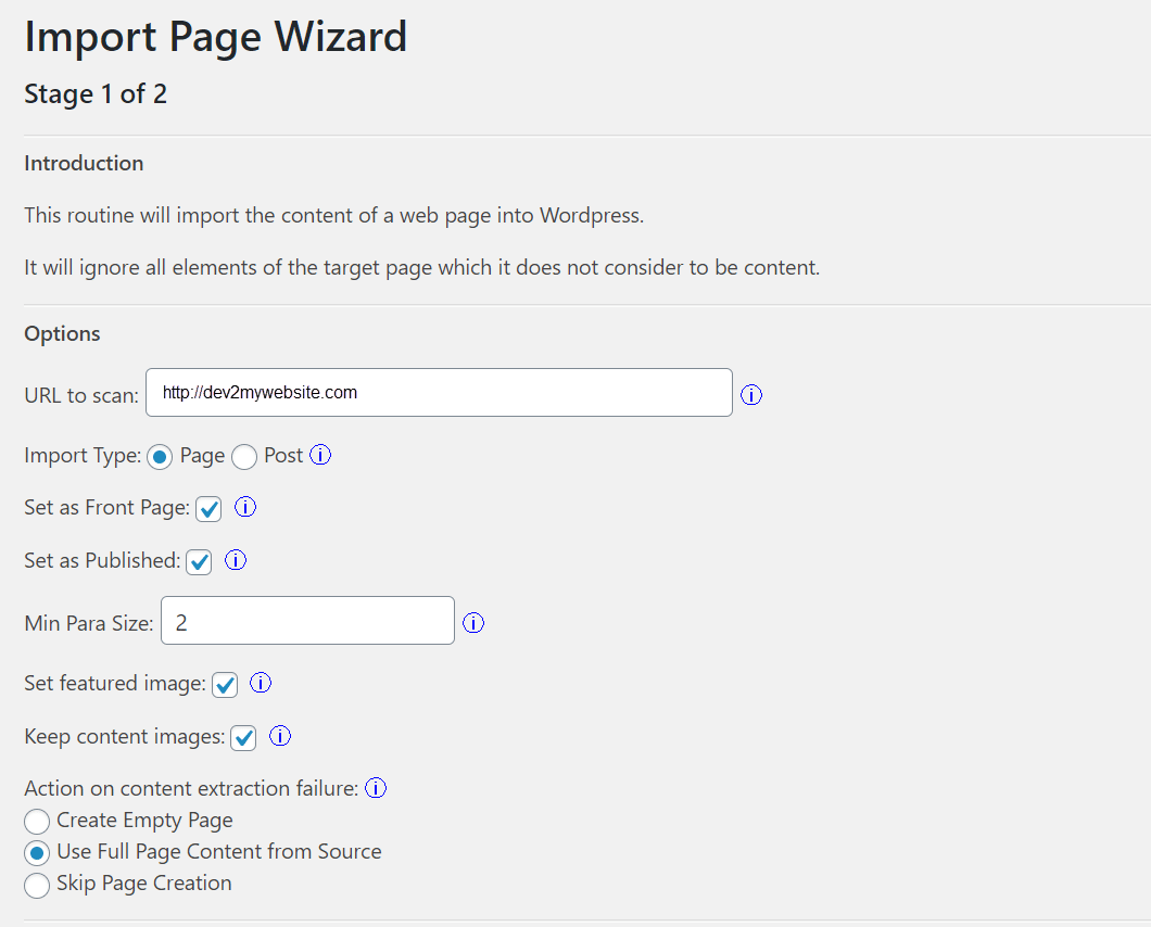 The import page wizard