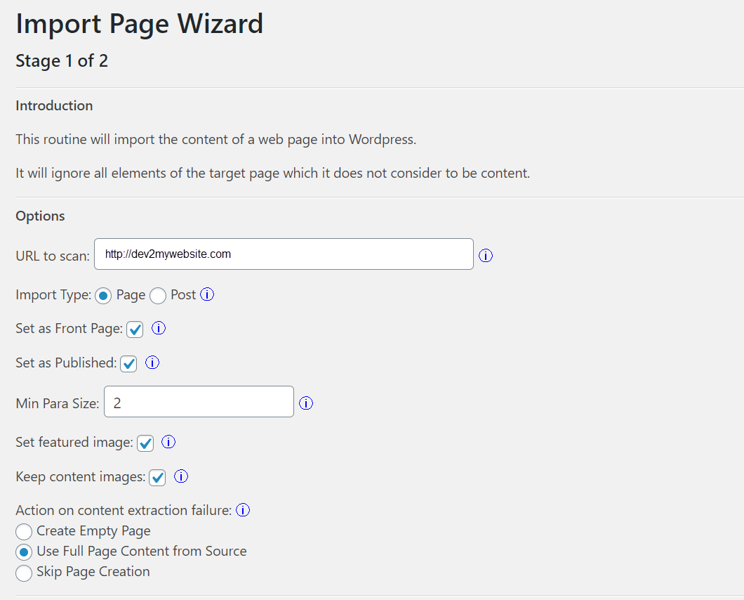 La procedura guidata della pagina di importazione